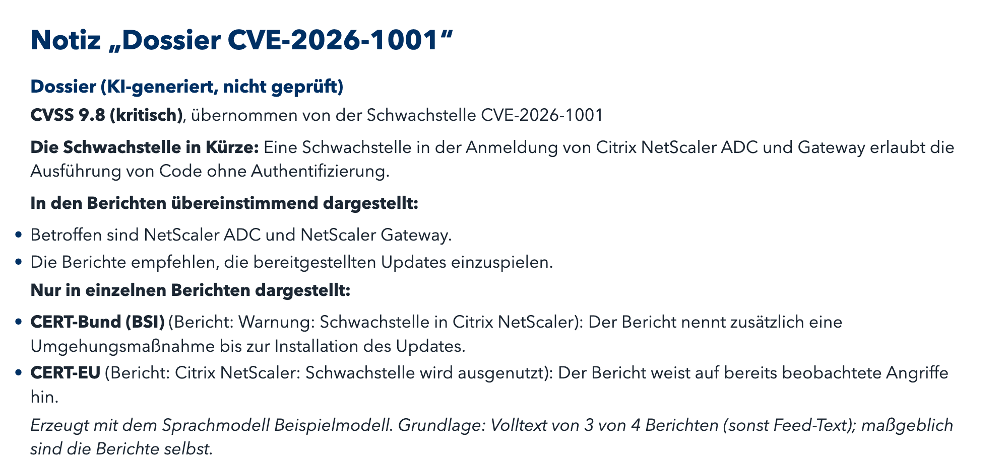 Dossier als Notiz im Sachverhalt (Aufbau aus dem Code der Plattform; der KI-Text ist ein erfundenes Beispiel, keine Modellausgabe)