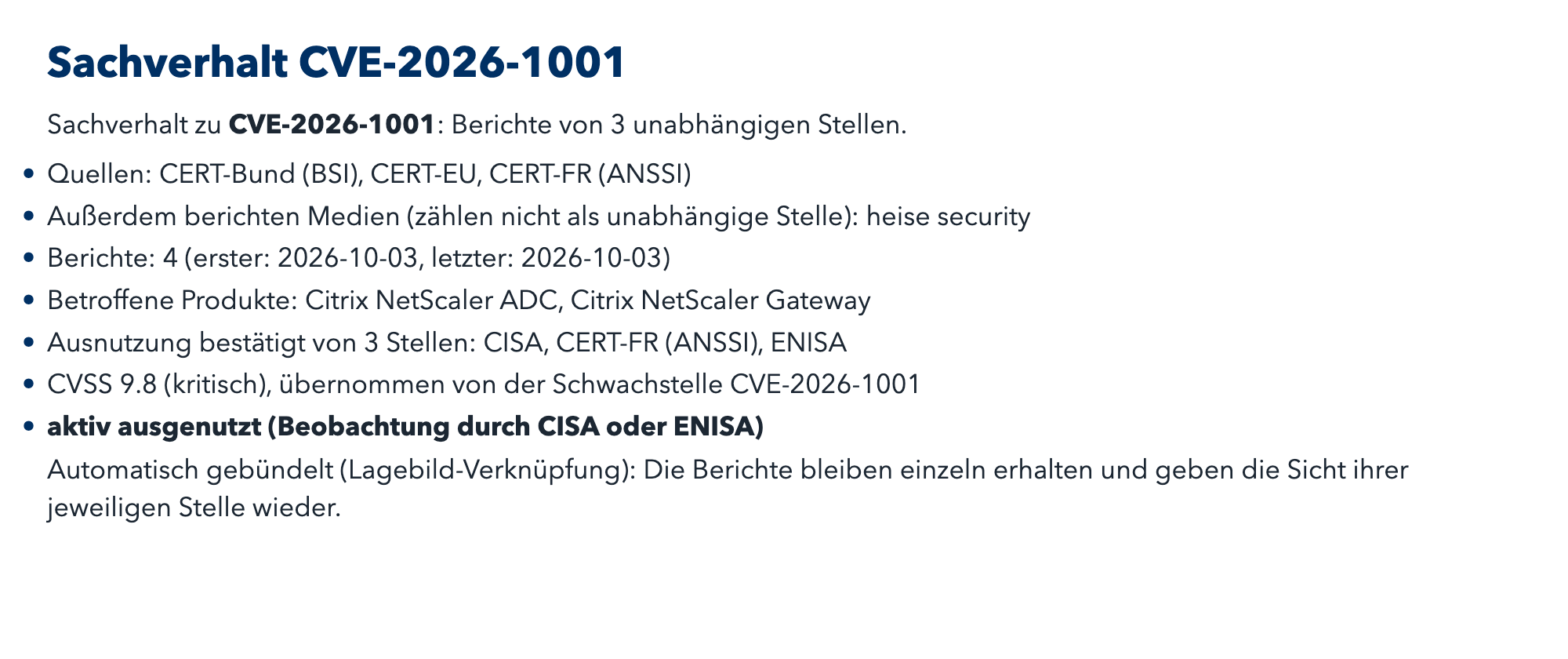 Beschreibung einer Gruppierung „Sachverhalt“ (Ausgabe der Plattform, Beispieldaten)